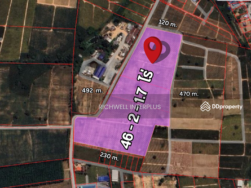 For Sale - Land for sale in Khao Khan Song, purple pattern, area 46 rai, width 490 meters, Chon Buri