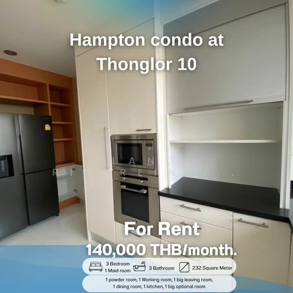 Hampton Thonglor 10, Bangkok, 324 Soi Thonglor 10, Sukhumvit Road, Khlong Tan Nua, Watthana, Bangkok, 3 Bedrooms, 232 sqm, Condo For Rent, by Land Riverline Real Estate, 11761309 - DDproperty.com