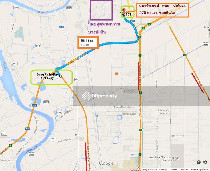 แผนที่จาก ทางออก ทางด่วนบางปะอิน