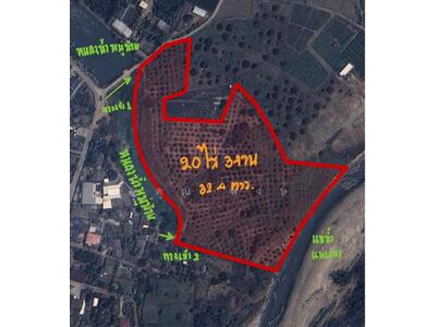 ขาย - ขายที่ดินถมแล้ว 20 ไร่ 3 งาน 32.4 ตร.ว. เป็นสวนเกษตร (ไม่เสียภาษีที่ดิน) ติดแม่น้ำแตง อ.แม่แตง จ.เชี, เชียงใหม่