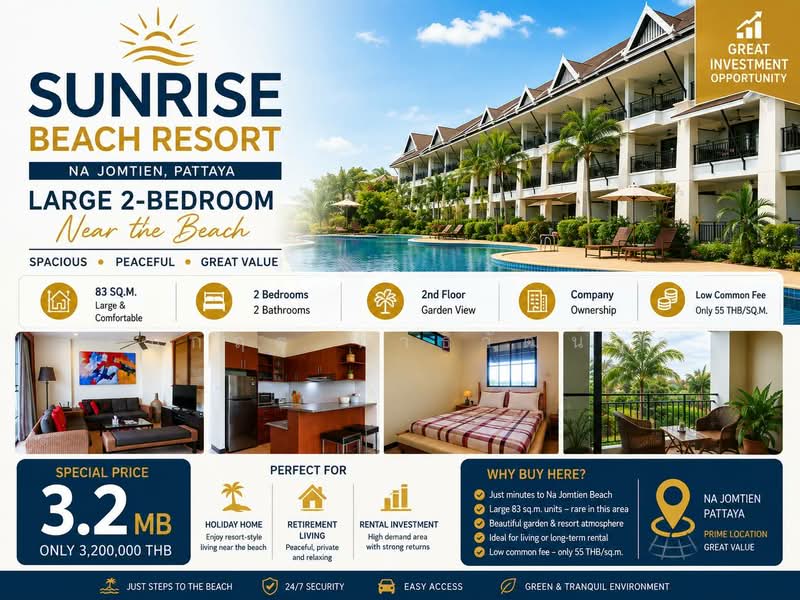Sunrise Beach Resort & Residence : ซันไรส์ บีช รีสอร์ท แอนด์ เรสซิเดนซ์, ชลบุรี, 36 พระตำหนัก, นาจอมเทียน, สัตหีบ, ชลบุรี, 83 ตร.ม., คอนโด ขาย, โดย ธนกฤต ทาธิวัฒน์กุล, 500385620 - DDproperty.com