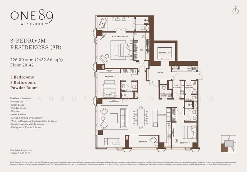 ONE89 Wireless, Bangkok, Wittayu Road, Lumphini, Pathum Wan, Bangkok, 3 Bedrooms, 226 sqm, Condo For Sale, by Kanrutai Dawruang, 500398484 - DDproperty.com