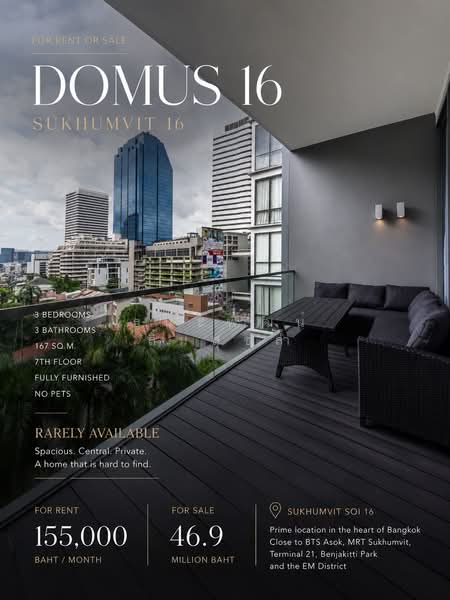 Domus 16 : โดมัส 16, กรุงเทพ, 19 ซอย สุขุมวิท 16, คลองเตย, กรุงเทพ, 167 ตร.ม., คอนโด ให้เช่า, โดย ธนะพัฒน์ ลิ้มสุขล้ำ, 500439696 - DDproperty.com