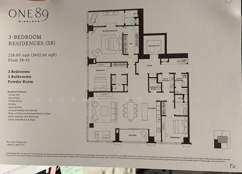 ONE89 Wireless, Bangkok, Wittayu Road, Lumphini, Pathum Wan, Bangkok, 3 Bedrooms, 1 sqm, Condo For Sale, by Wasana Jantakam, 500463444 - DDproperty.com