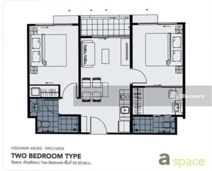 A Space Hideaway Asoke-Ratchada, Bangkok, 622 Asoke-Dindang, Din Daeng, Din Daeng, Bangkok, 2 Bedrooms, 52 sqm, Condo For Rent, by พิมพ์ภัทรา แจ่มอุลิตรัตน, 8269830 - DDproperty.com